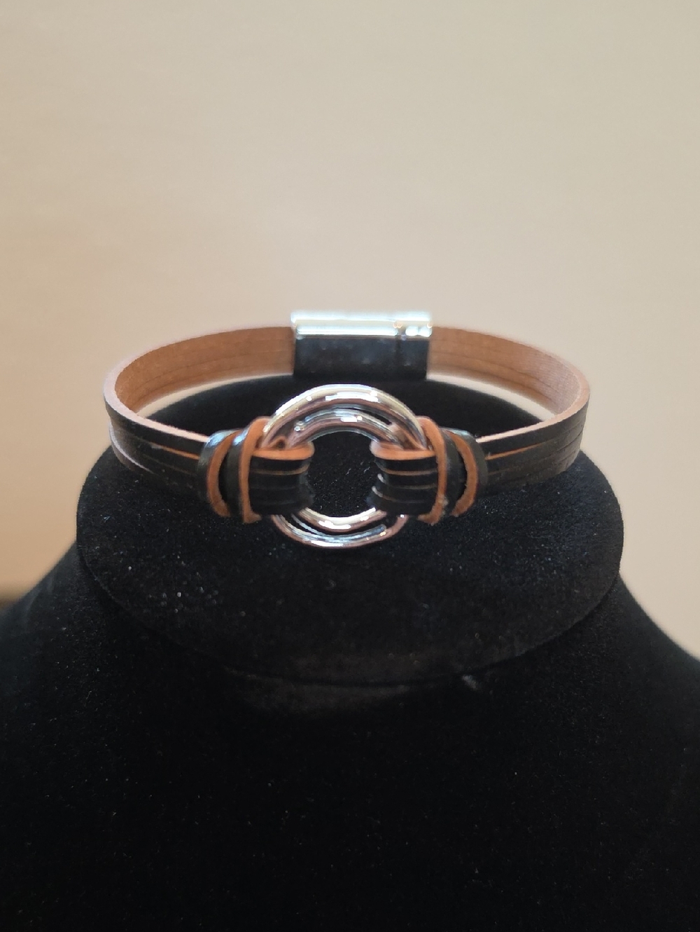 Multi Leather Strip Wrap Bracelet with Silver Ring